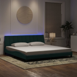 Estructura cama con luces LED terciopelo verde oscuro 200x200cm