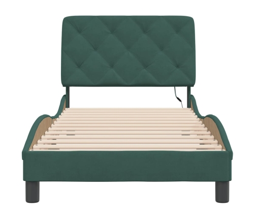 Estructura cama con luces LED terciopelo verde oscuro 90x190 cm