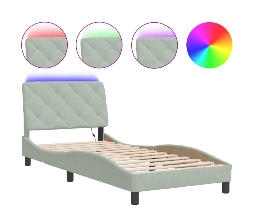 Estructura cama con luces LED terciopelo gris claro 90x200 cm