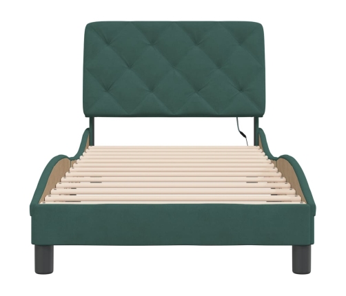 Estructura cama con luces LED terciopelo verde oscuro 90x200 cm