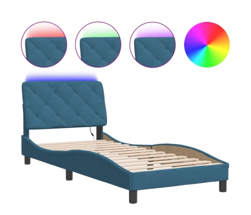 Estructura cama con luces LED terciopelo azul 90x200 cm