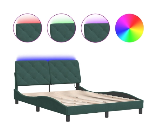 Estructura de cama luces LED terciopelo verde oscuro 140x190 cm