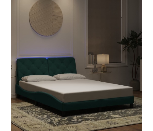 Estructura de cama luces LED terciopelo verde oscuro 140x190 cm