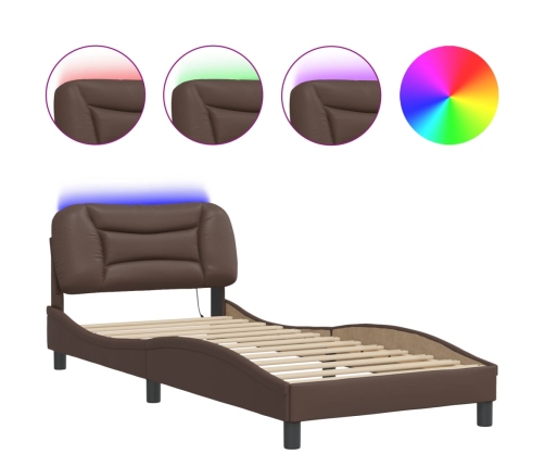 Estructura cama con luces LED cuero sintético marrón 80x200 cm