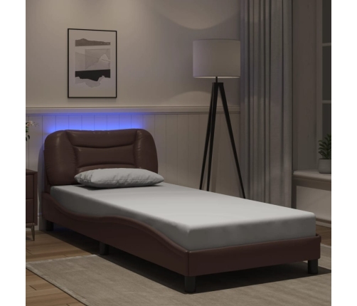 Estructura cama con luces LED cuero sintético marrón 80x200 cm