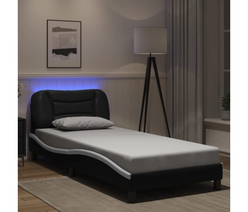 Estructura cama con LED cuero sintético negro blanco 80x200 cm