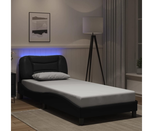 Estructura cama con luces LED cuero sintético negro 90x190 cm