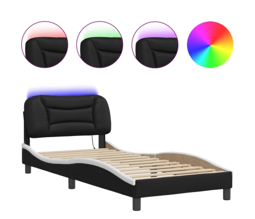 Estructura cama con LED cuero sintético negro y blanco 90x190cm