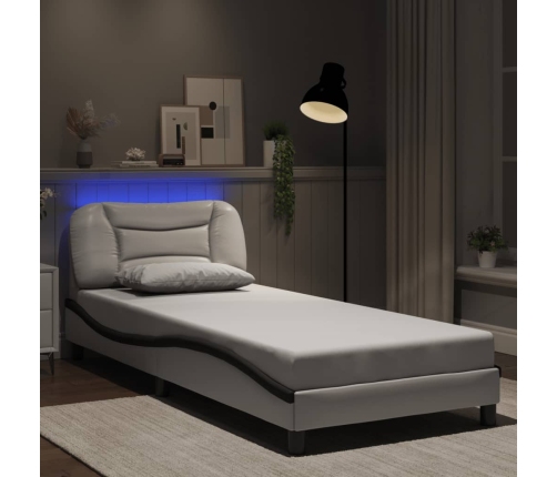 Estructura cama con LED cuero sintético blanco negro 90x200 cm