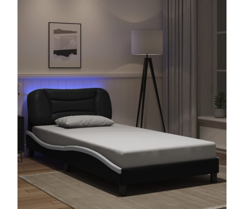 Estructura cama con LED cuero sintético negro blanco 100x200 cm