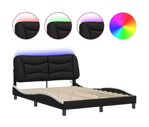 Estructura de cama luces LED cuero PE negro y blanco 140x190 cm