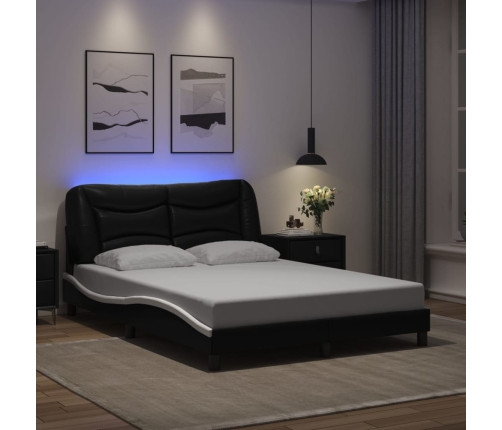 Estructura de cama luces LED cuero PE negro y blanco 140x190 cm