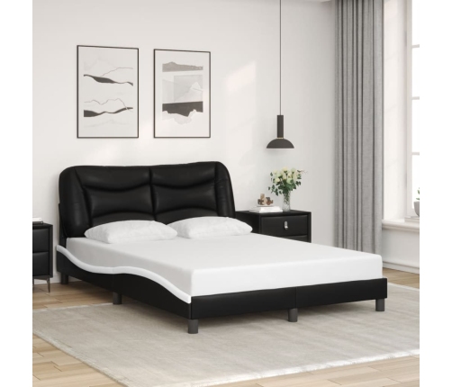 Estructura de cama luces LED cuero PE negro y blanco 140x190 cm