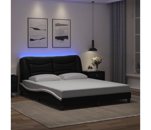 Estructura de cama con luz LED cuero PE negro blanco 160x200 cm