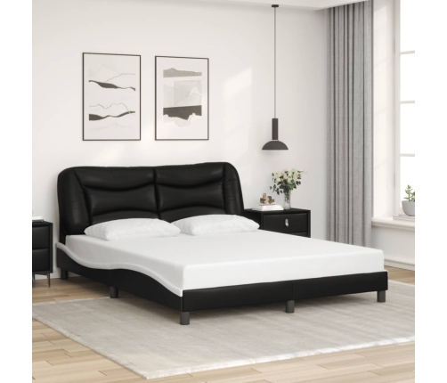 Estructura de cama con luz LED cuero PE negro blanco 160x200 cm