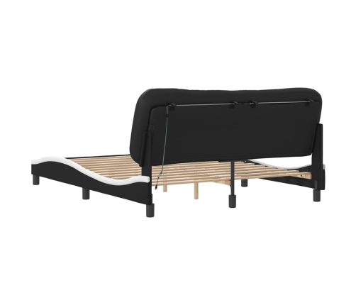 Estructura de cama con luz LED cuero PE negro blanco 160x200 cm