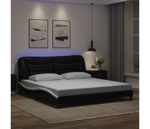 Estructura de cama con luz LED cuero PE negro blanco 180x200 cm