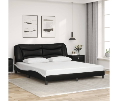 Estructura de cama con luz LED cuero PE negro blanco 180x200 cm