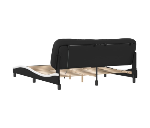 Estructura de cama con luz LED cuero PE negro blanco 180x200 cm