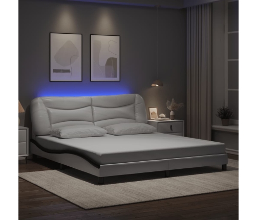 Estructura de cama con luz LED cuero PE blanco negro 180x200 cm