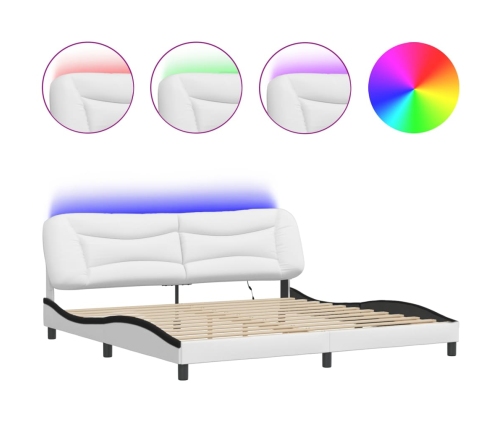 Estructura cama con LED cuero sintético blanco negro 200x200 cm