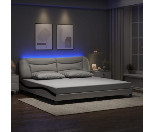 Estructura cama con LED cuero sintético blanco negro 200x200 cm