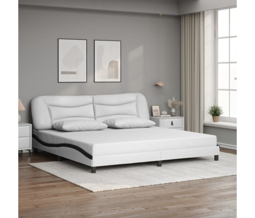 Estructura cama con LED cuero sintético blanco negro 200x200 cm