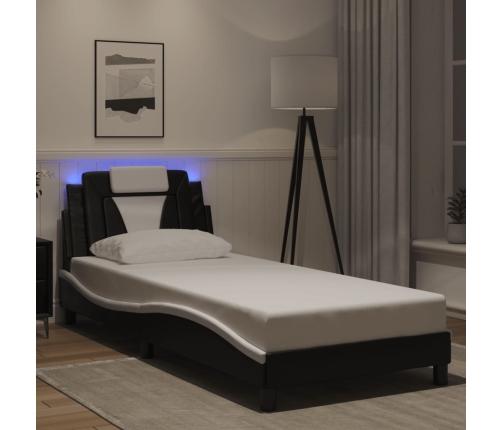 Estructura cama con LED cuero sintético negro blanco 80x200 cm