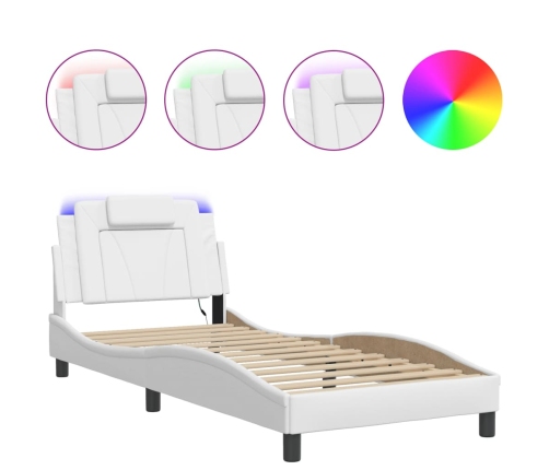 Estructura cama con luces LED cuero sintético blanco 90x190 cm