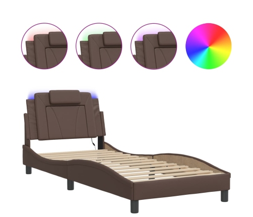 vidaXL Estructura cama con luces LED cuero sintético marrón 90x190 cm