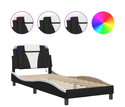 Estructura cama con LED cuero sintético negro y blanco 90x190cm