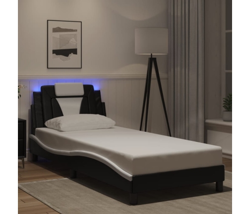 Estructura cama con LED cuero sintético negro y blanco 90x190cm