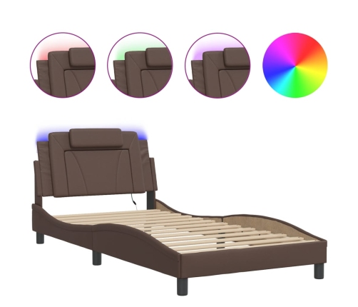 vidaXL Estructura cama con luces LED cuero sintético marrón 100x200 cm