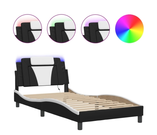 Estructura cama con LED cuero sintético negro blanco 100x200 cm