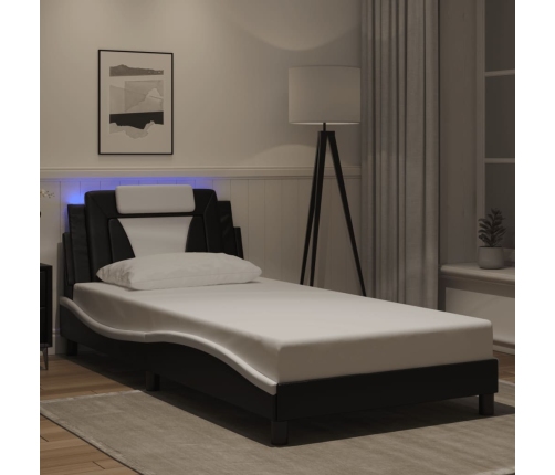 Estructura cama con LED cuero sintético negro blanco 100x200 cm