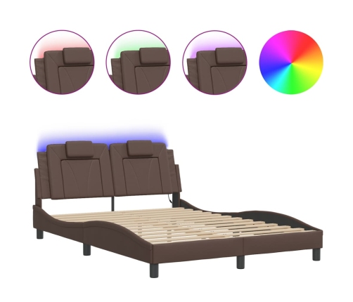 vidaXL Estructura cama con luces LED cuero sintético marrón 140x190 cm