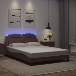 Estructura cama con luces LED cuero sintético marrón 140x190 cm