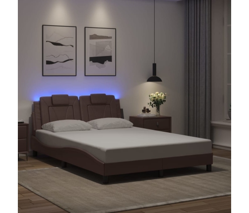 Estructura cama con luces LED cuero sintético marrón 140x190 cm