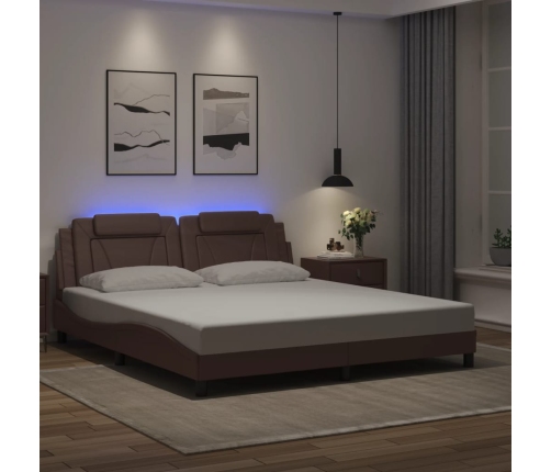 Estructura cama con luces LED cuero sintético marrón 180x200 cm