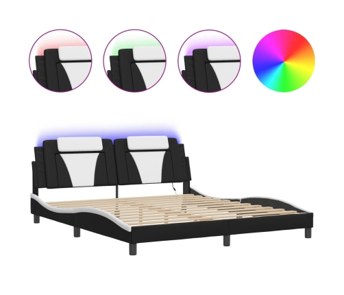 vidaXL Estructura cama con luces LED cuero PE negro blanco 180x200 cm