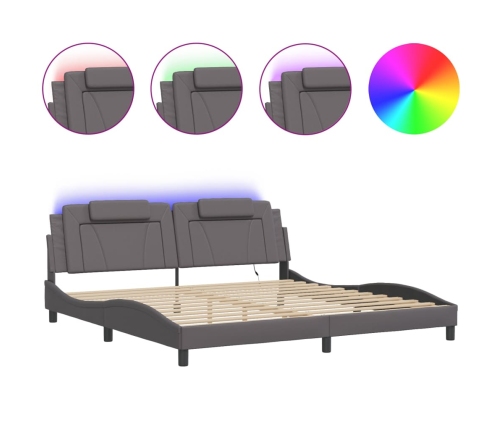 Estructura cama con luces LED cuero sintético gris 200x200 cm