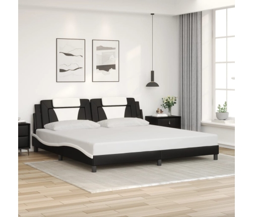 Estructura cama con LED cuero sintético negro blanco 200x200 cm