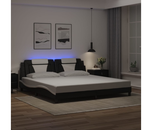 Estructura cama con LED cuero sintético negro blanco 200x200 cm