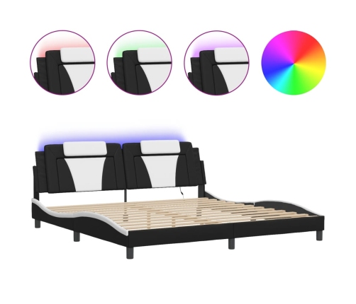 Estructura cama con LED cuero sintético negro blanco 200x200 cm