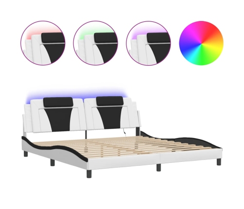 Estructura cama con LED cuero sintético blanco negro 200x200 cm