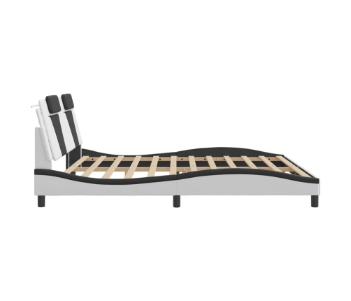 Estructura cama con LED cuero sintético blanco negro 200x200 cm