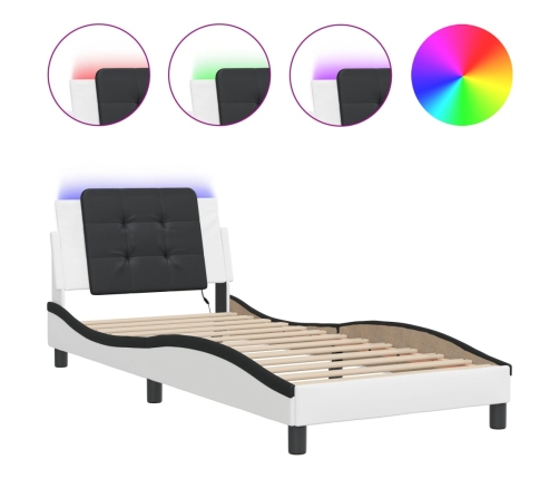 vidaXL Estructura cama con LED cuero sintético blanco y negro 90x190cm