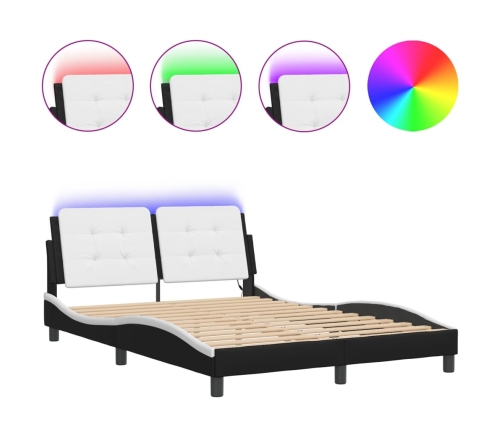 Estructura de cama luces LED cuero PE negro y blanco 140x190 cm