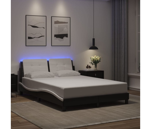 Estructura de cama luces LED cuero PE negro y blanco 140x190 cm