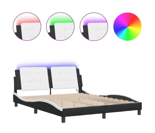 Estructura de cama con luz LED cuero PE negro blanco 160x200 cm